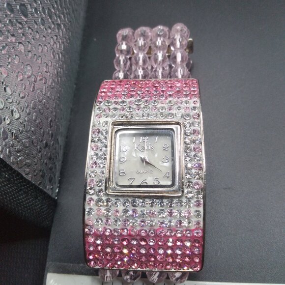 Pink Glass Beads Stretch Watch With Pink & Clear Rhinestones - Picture 3 of 7